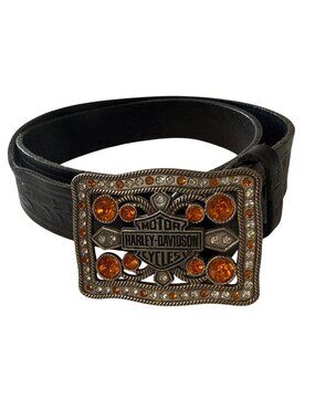 Harley-Davidson Rhinestone Buckle With Black Genuine Leather Embossed Belt Sz 36
